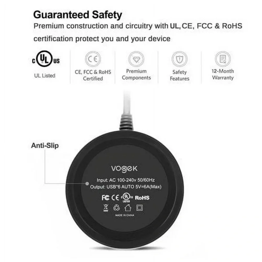 Vogek 6-Port USB Desktop Charger Station with Smart Identification